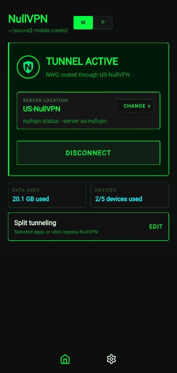 NullVPN Android app in Matrix theme showing an active tunnel